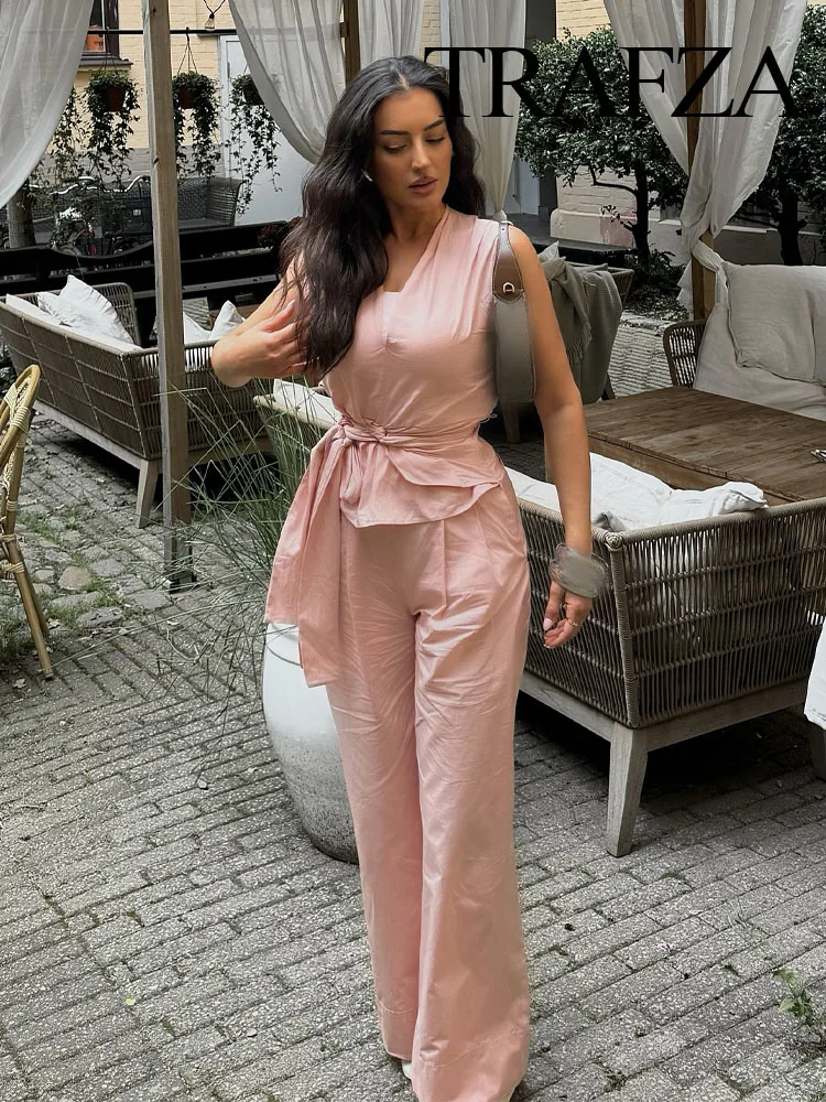 TRAFZA Summer Fashion Women Suits Pink V Neck Sleeves Bow Decorate Zipper Asymmetrical Tops + High Waist Zipper Wide Leg Pants