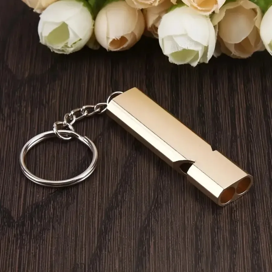 

Double Hole Gold Survival Whistle Keychain, Portable Emergency Safety Whistle for Outdoor, Camping and Gifting Use