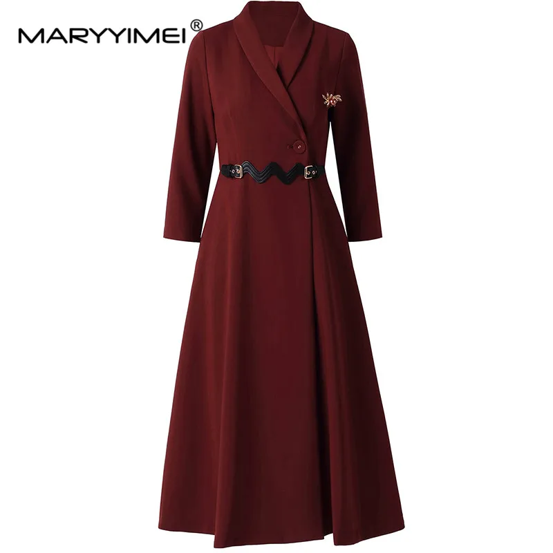 MARYYIMEI Fashion Autumn Winter Women\'s dress Single Button Lace up Simple Commuter Elegant Windbreaker Dresses