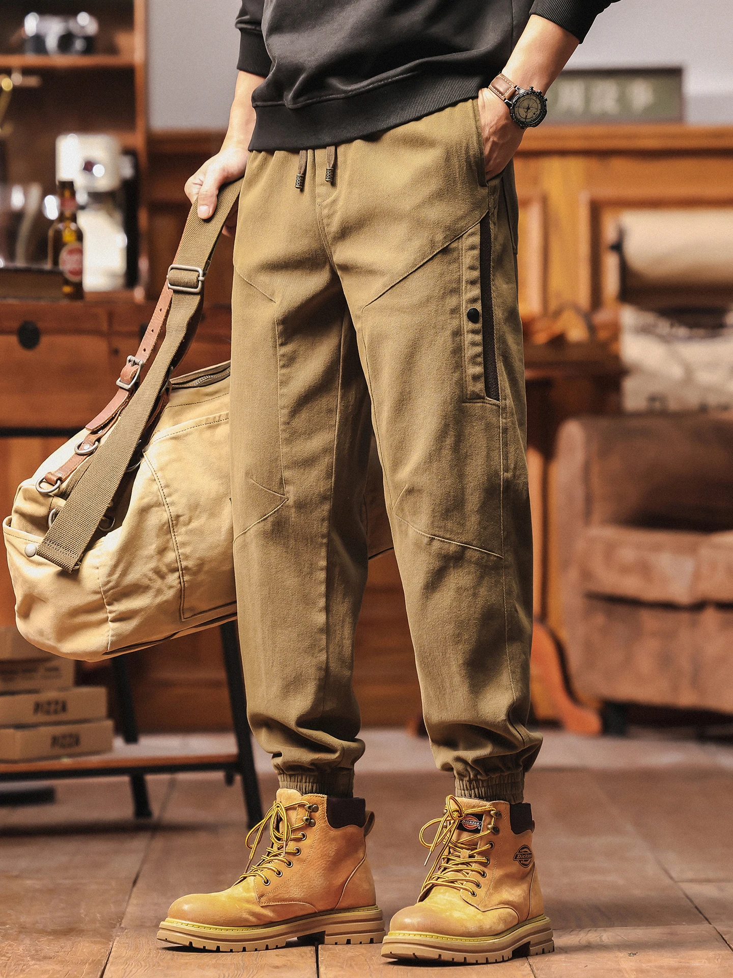 

American Sle Military Work Pants Men's Autumn New Faion Loose Fit Straight Leg Casual Trousers with Dstring