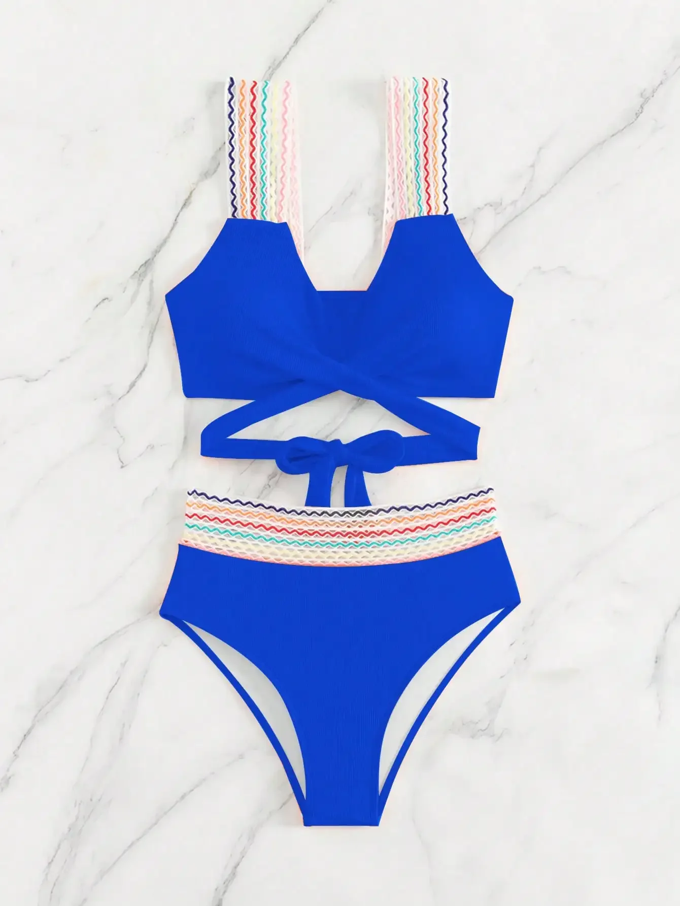 

Solid color bikini top with colorful shoulder straps slimming separate high-waisted shorts summer swimwear