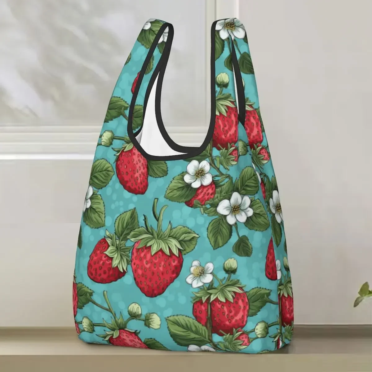 Beautiful Highly Stylized Strawberry With Flowers Pattern Portable Tote Bags Foldable Shoulder Shopper Bag Grocery Handbag