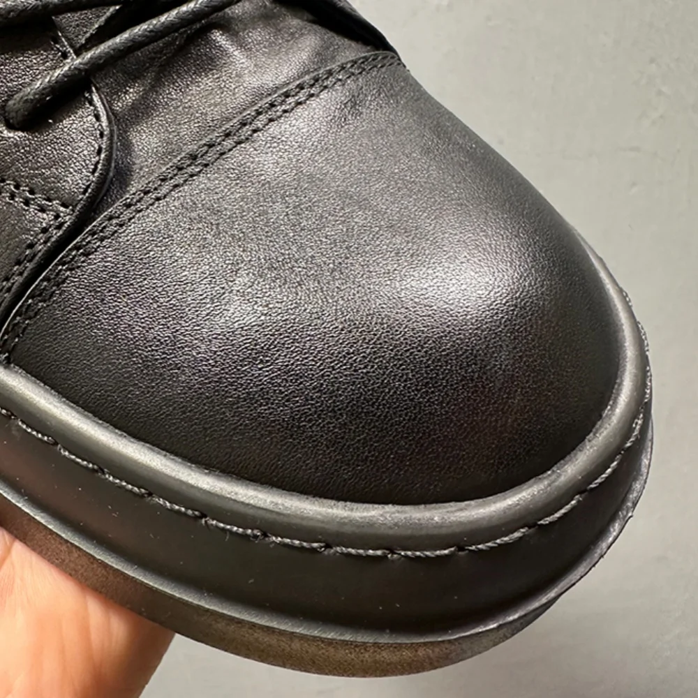 Men's Thick-Fur-Lined Warm Leather High-Top Shoes Retro Casual Autumn-Winter Style with Thick Sole Height-Increasing Feature
