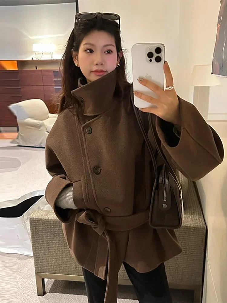 

Стильное шерстяное пальто с поясом, женское городское однотонное однобортное пальто с воротником-стойкой, женская куртка 2021, осенне-зимняя модная женская верхняя одежда