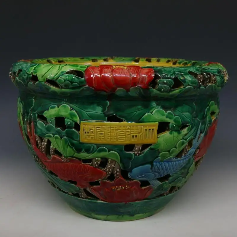 #3 Antique QingDynasty porcelain pot,Pastel carved  double Fish&Lotus tank,Collection &adornment,Free shipping