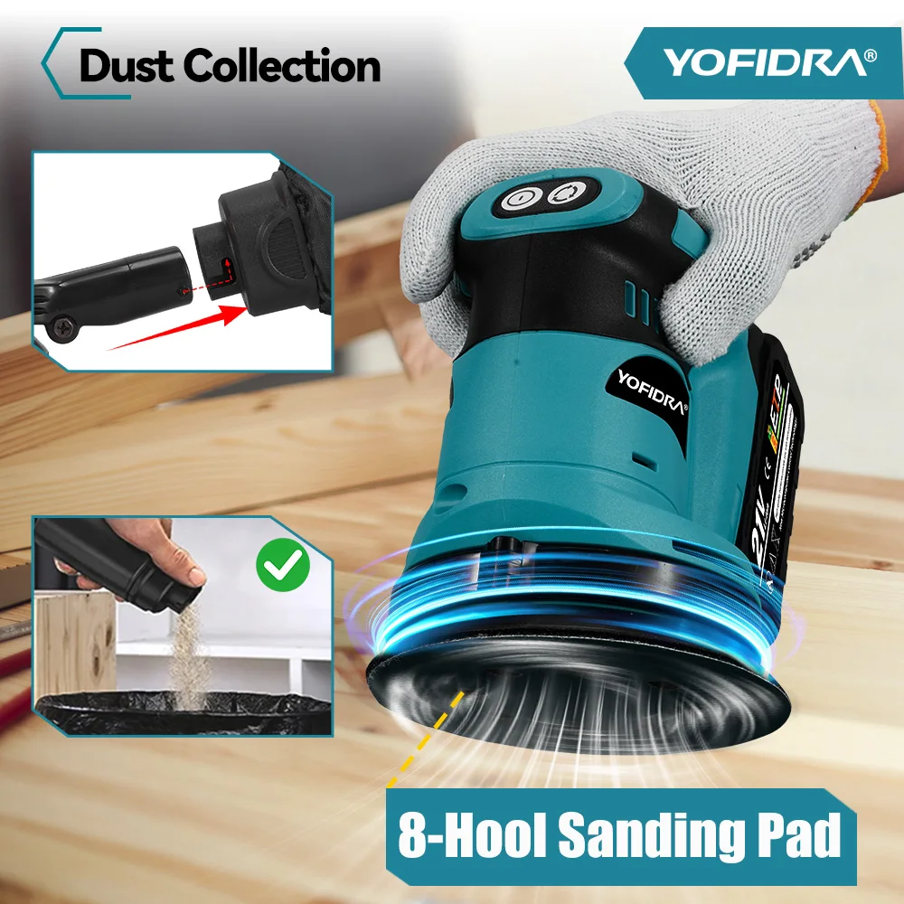 YOFIDRA 125 مللي متر ماكينة سنفرة مدارية كهربائية لاسلكية طحن الرملي آلة تلميع النجارة أداة السلطة لبطارية 21 فولت 18 فولت #4