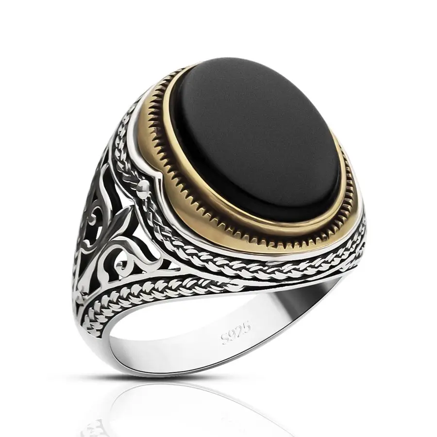 Vintage Turkish Silver Ring for Men Genuine 925 Sterling Silver with Natural Red Onyx Handmade Agate Stone Jewelry