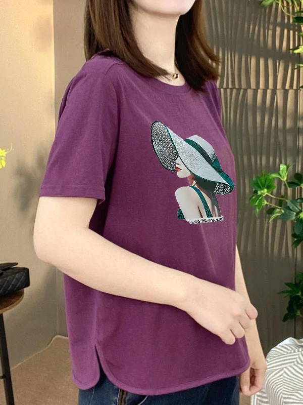 

Fashionable Heavy-Print Short-Sleeve T-Shirt Women's Mid-Aged Mom's Style Slimming Anti-Aging Top Casual Polyester Fiber