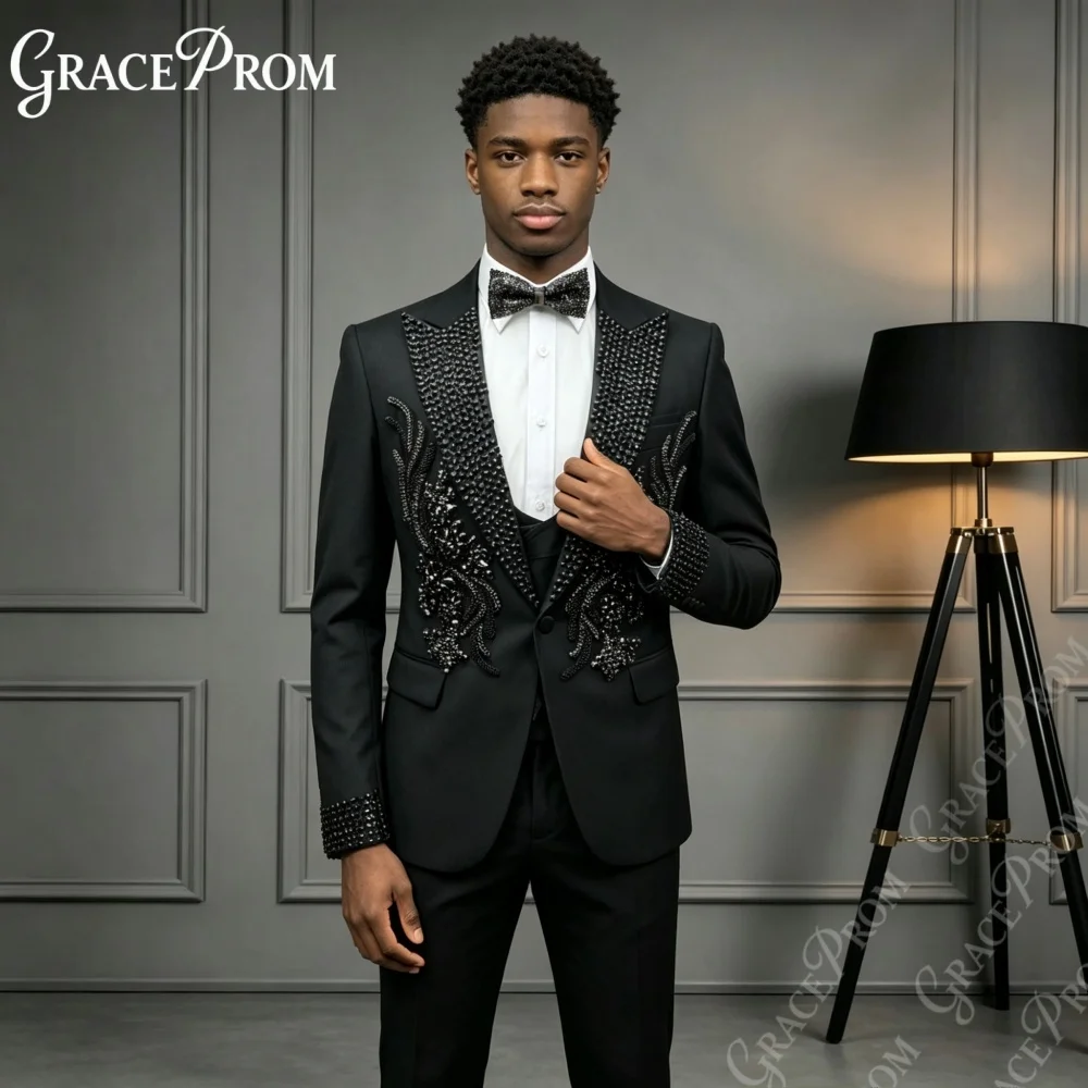 Luxurious Black Rhinestone Floral Men Suit 2027 3PCS Wedding Groom Sets Man Peak Suit Set Banquet Prom Party Wear Crystal Tuxedo