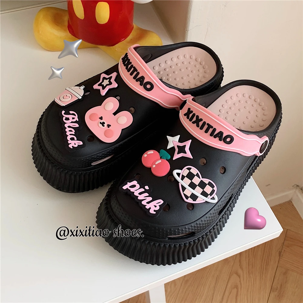 Cute Cherry Rabbit Cool Slippers Women Garden Shoes Hole Slippers Versatile And Non Slip Summer Height Increasing Beach Slippers