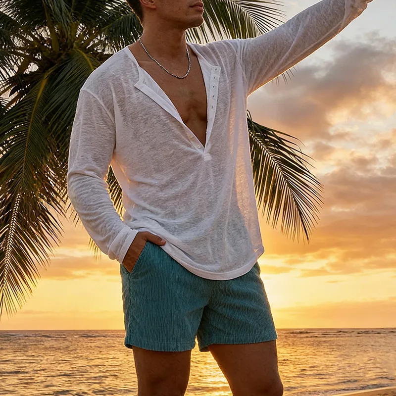 2026 Spring New Men Beach Style Large V Neck Solid Color Button T Shirt Breathable Micro Perspective Sexy Top