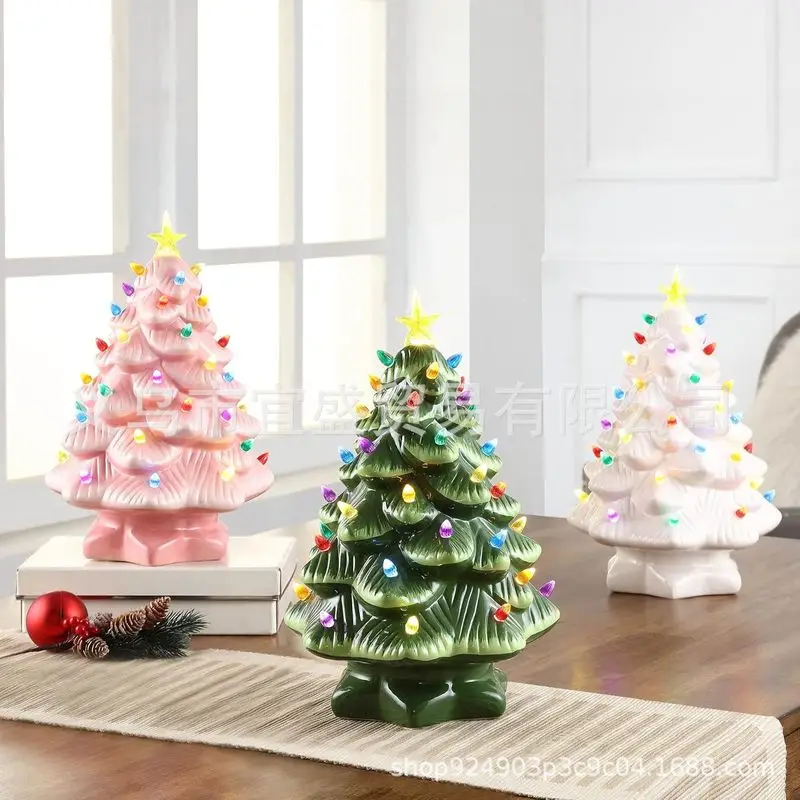 Ceramic Christmas Village Decoration Tree With Tree Topper Star Multicolored Lights For Ornaments Home Courtyard Ornaments Gift