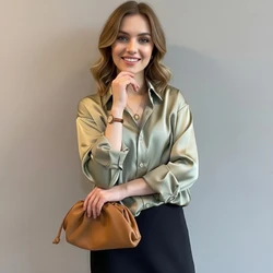 Women's Satin Button Down Shirt – Oversized Long Sleeve Silky Blouse Elegant Office Work Top Casual Loose Fit Blouse