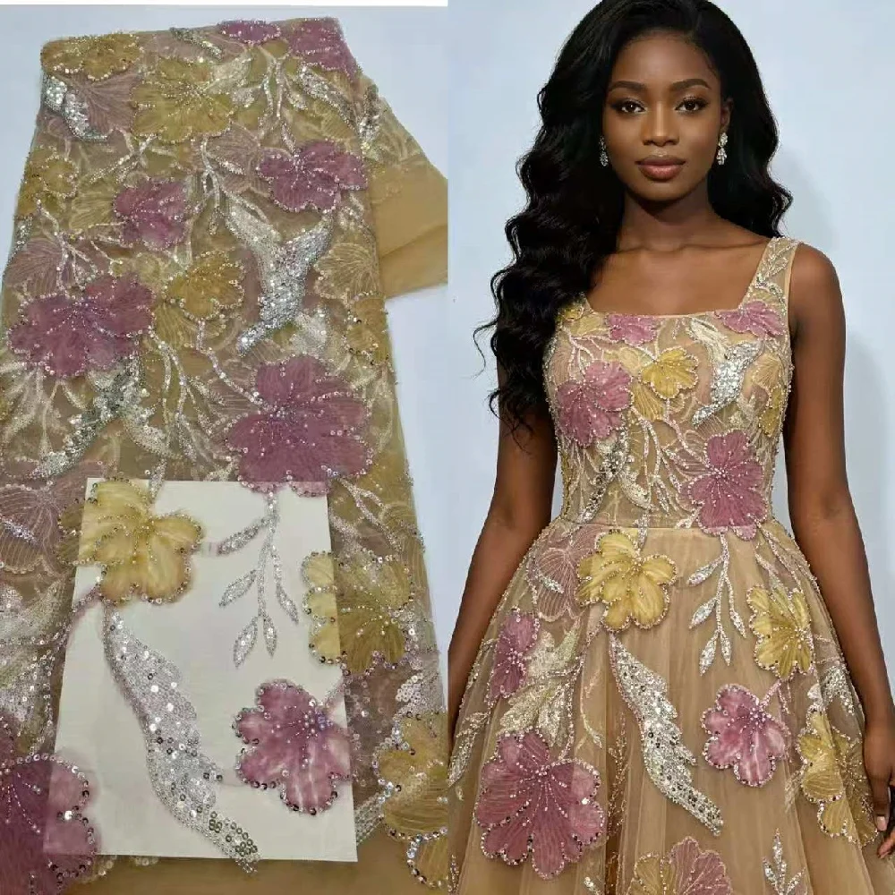 

African Bridal Lace Fabric with 3D Embroidery High Quality French Tulle for Wedding Groom Nigerian Style