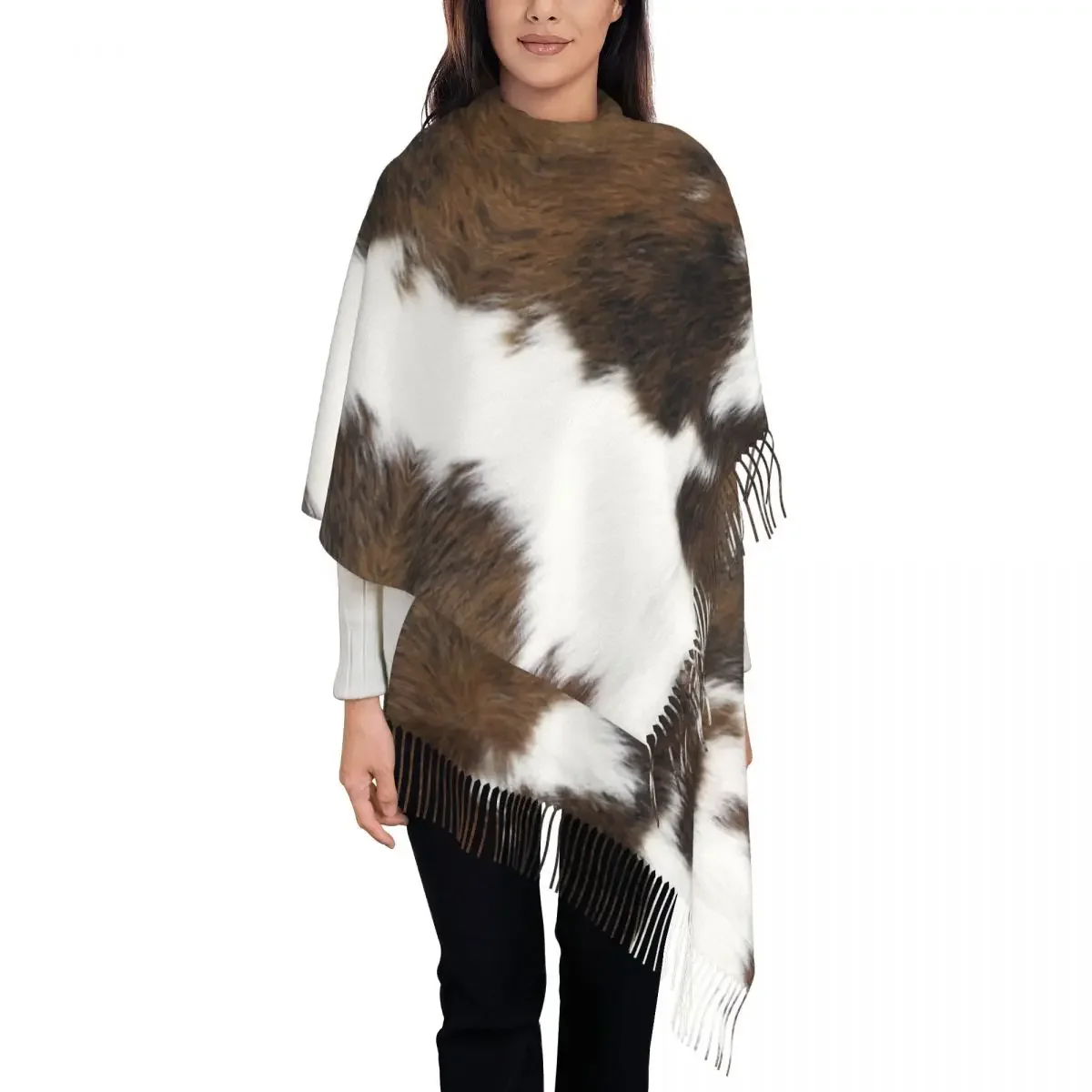 Simulated Cowhide Texture Scarf Wrap Women Long Winter Warm Tassel Shawl Unisex Scarves