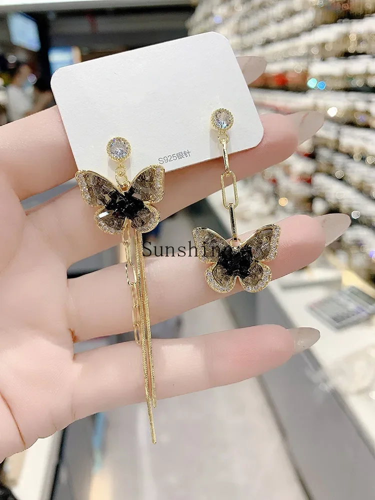 Advanced design sense asymmetrical butterfly stud earrings silver needle