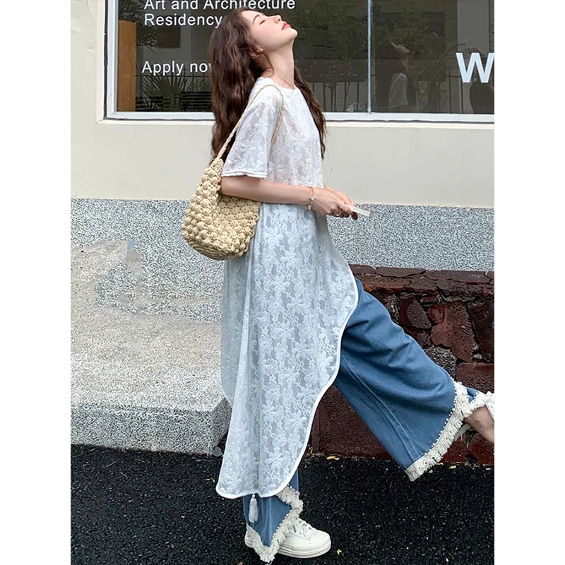 Summer 2025 Embroidered Long Uneven Top And Jeans Two-Piece Set Faionable Casual Wear for Young Women 8-25 Years Old