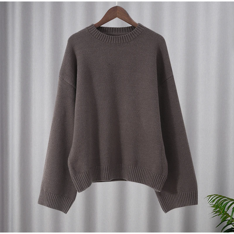 Brown Round Neck Knit Pullovers Woman Chic Long Sleeves Loose Jumper Sweaters New Autumn Winter Casual Thick Warm Tops