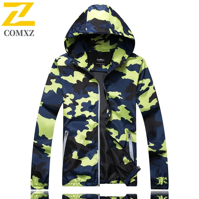 COMXZ 2025 Camouflage Jacket Men's Fashion Loose Hooded Windbreaker Plus-size Korean Outdoor Sports Hooded Windbreaker