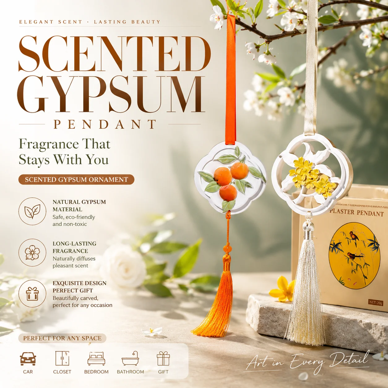 Aromatherapy Pendant with Osmanthus Gypsum, Chinese-Style Gypsum Slabs, Solid Fragrance Decorations for Vehicles and Homes.