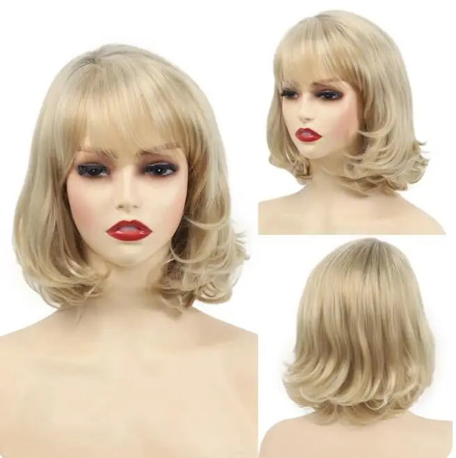 Women Natural Synthetic Short Wig Wavy Blonde Daily Cosplay Party Wig with Bangs High Temperature Fiber