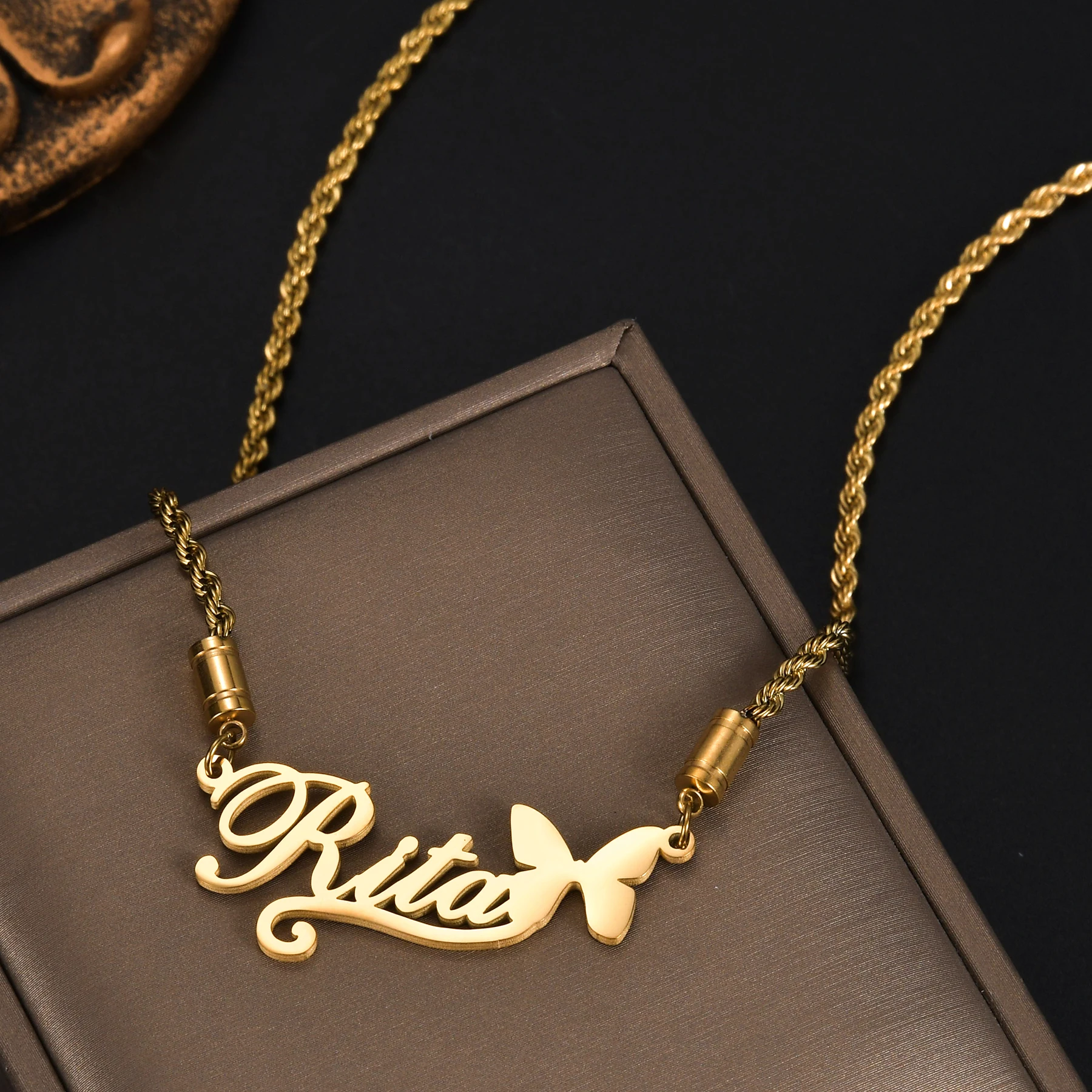 Atoztide-collares personalizados con nombre para mujer, cadena giratoria de acero inoxidable, placa con nombre de flor, colgante, joyería de cumpleaños, regalo