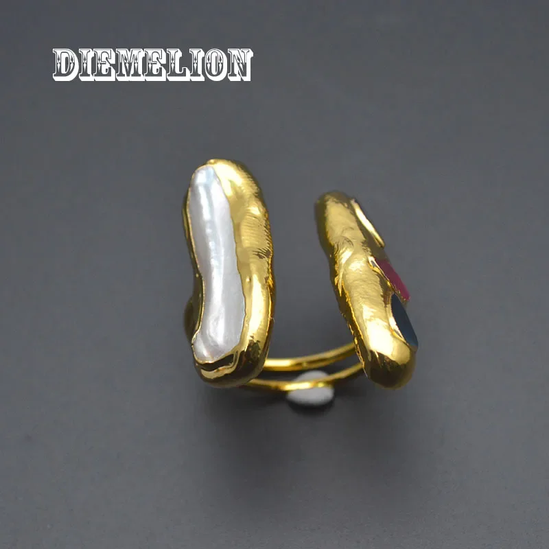 Unusual Natural Freshwater Pearl Rings for Women Inlaid Multi Color Agate Gold Plating Resizable Wedding Party Fine Jewelry