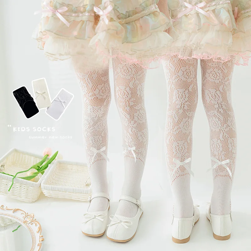 Girls' Sheer Lace Tights Cherry Pattern Spring Summer Lightweight Pantyhose for Kids Elegant Lolita Style Base Layer Outerwear