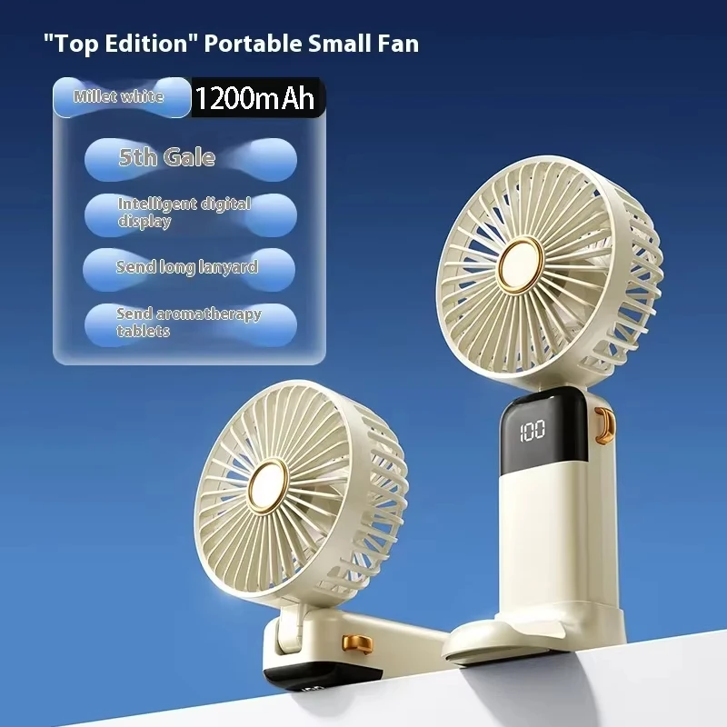 مروحة USB صغيرة محمولة قابلة للطي ومراوح معلقة على الرقبة 5 سرعات USB قابلة لإعادة الشحن مع حامل هاتف وشاشة عرض