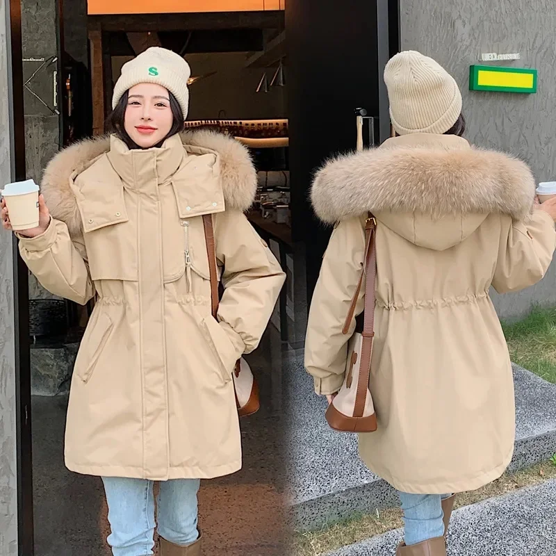 Parka longue matelassurera pour femme avec doublure en laine, veste à capuche, col en fourrure, optique chaude, vêtements de neige, hiver, nouveau,