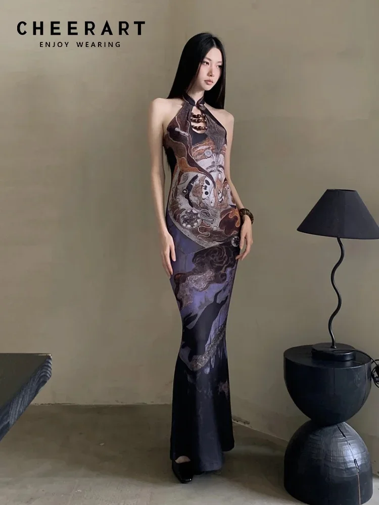 CHEERART Illustration Beading Sleeveless Maxi Dress For Woman Elegant Bodycon Purple Halter Neck Long Mermaid Dress Summer 2026