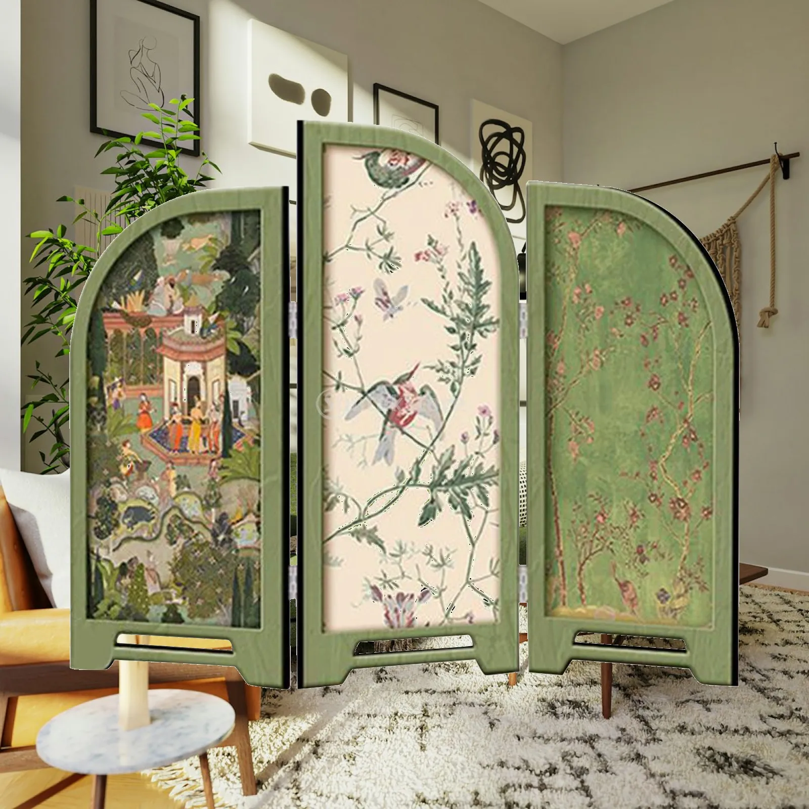 Mini Folding Screen Desk Decoration Wood Porcelain Retro Room Decor Artistic Partition for Computer Table Living Room