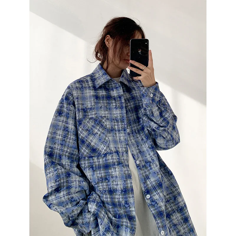 Men\'s Fashion Long Sleeve Brushed Check Shirts Men Blue Casual Slim Fit Button-down  Plaid Oversized Shirts Male Plus Size