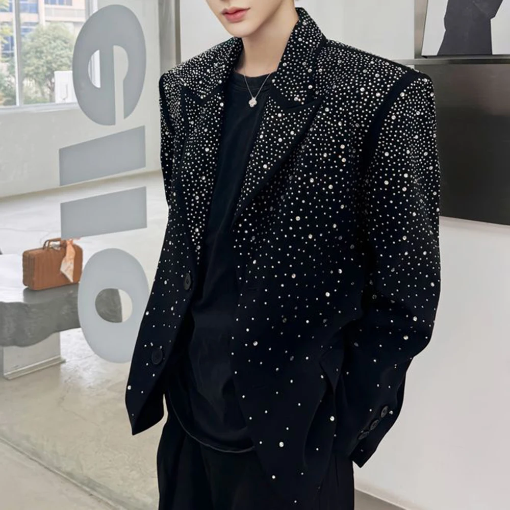 Mens Jacket Rhinestone Sparkling Ballroom Casual Suit Jacket Streetwear Fashion Nightclub Stage Performance Top Men'S Clothing