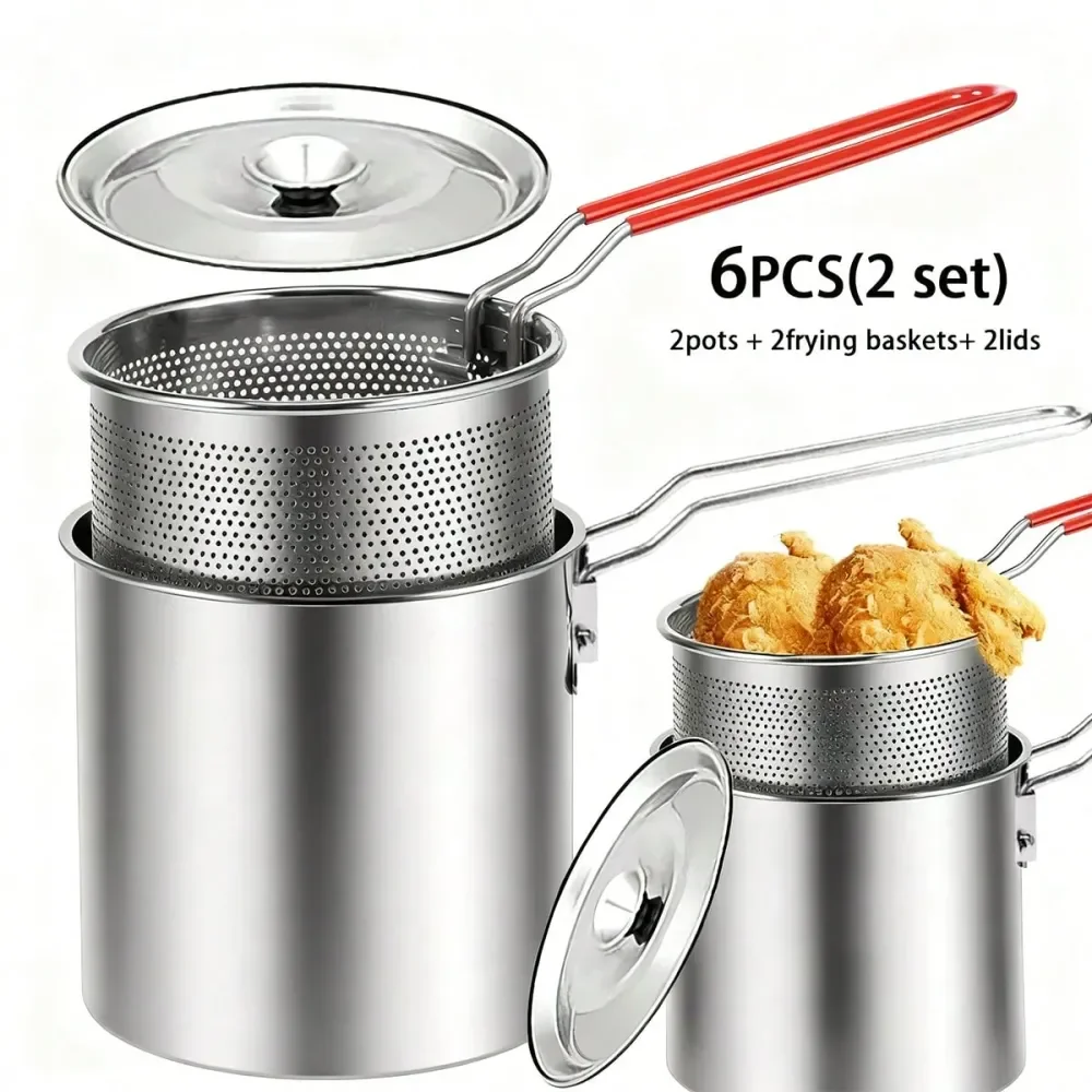 

Sets Of 6Piece Stainless Steel Frying Pots 2 Pot Bodies, 2 Frying Baskets, 2 Lids, With Detachable Handle Design, MultiFunction
