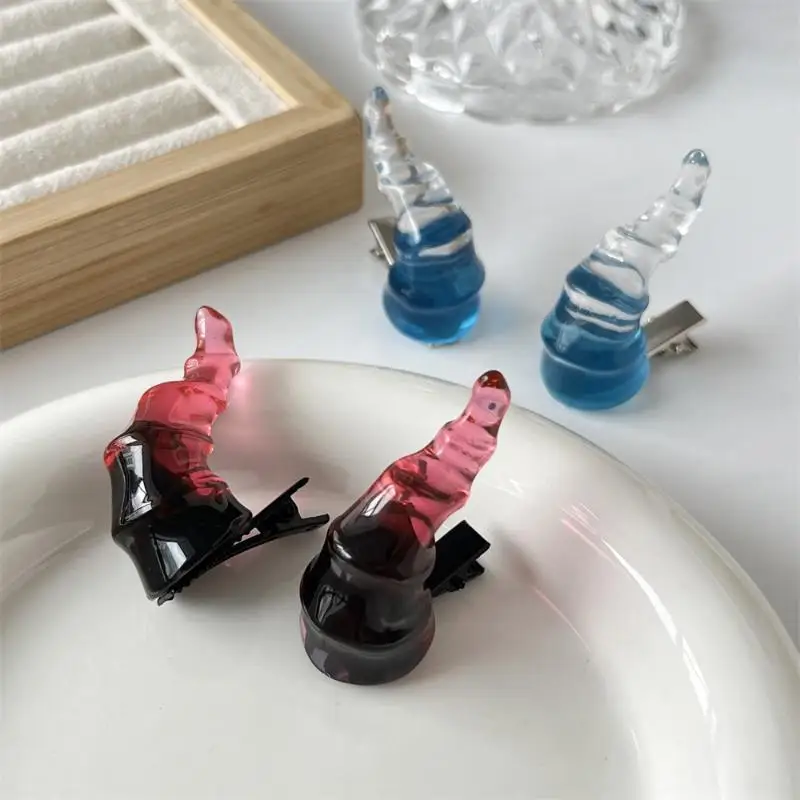 2PCS Funny Dress Up Spiral Devil Horn Hair Clip Barrettes Resin Halloween Headwear Duckbill Clip Cosplay Costume Hairpin Party