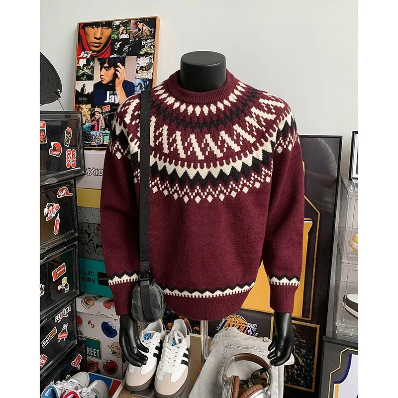 

Винно-красный мужской зимний пуловер в стиле Fair Isle, американский ретро-стиль, с круглым вырезом, рождественская одежда, свободный крой, повседневный, с длинными рукавами