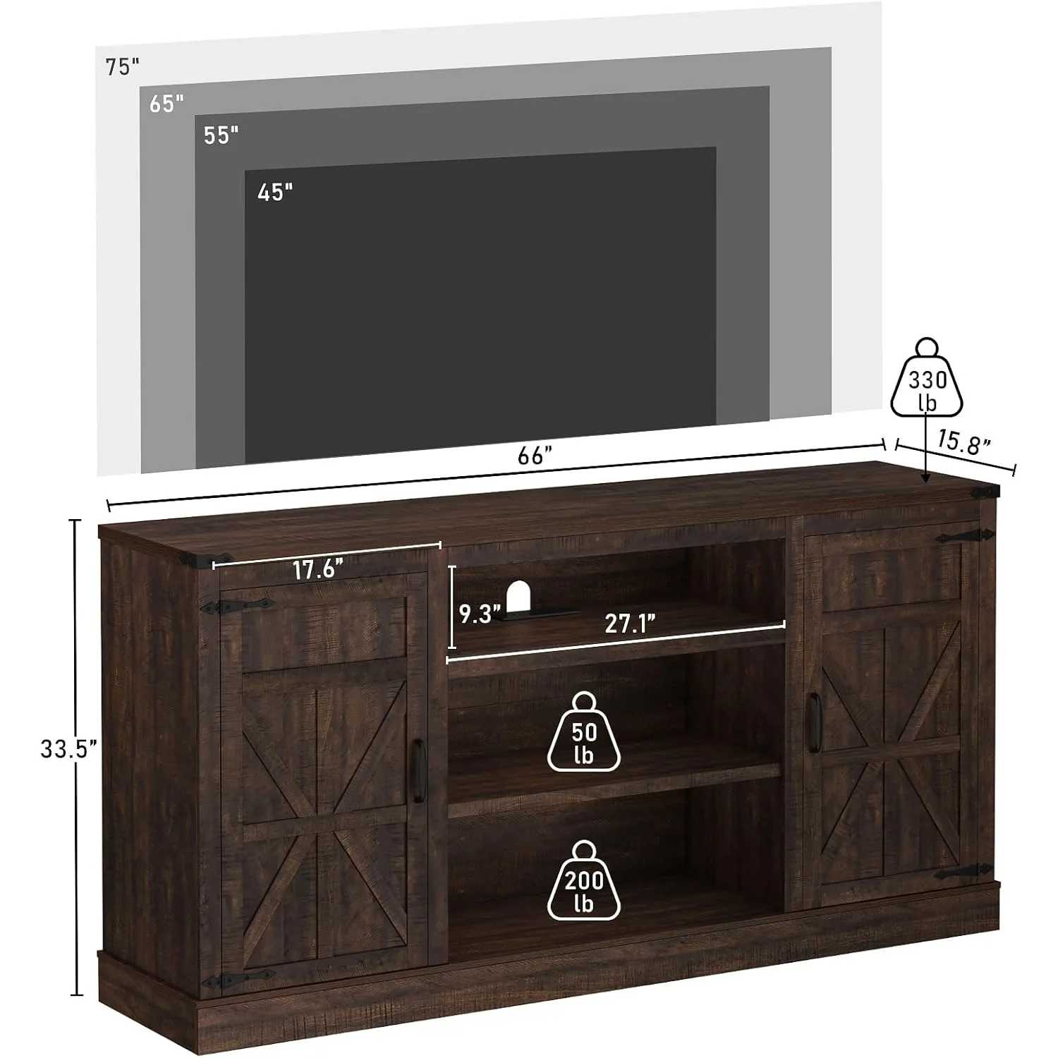 Suporte de TV de 66 polegadas com tomada de energia, capaz de acomodar 75 TVs de 65 polegadas, armário de armazenamento com suporte ajustável, cor marrom