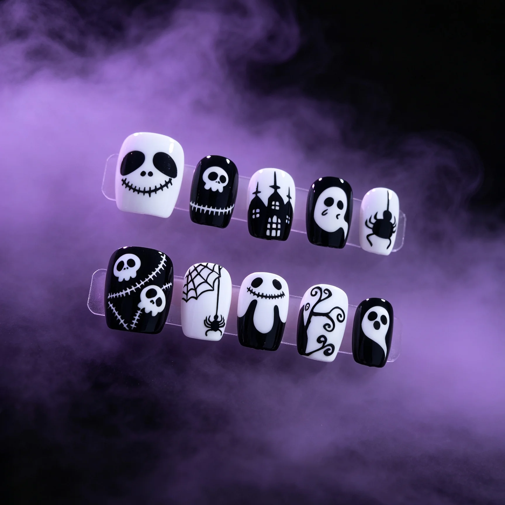 10 handmade pressed short square nails, beautiful fake nails, Halloween funny ghost faces, suitable for women to use