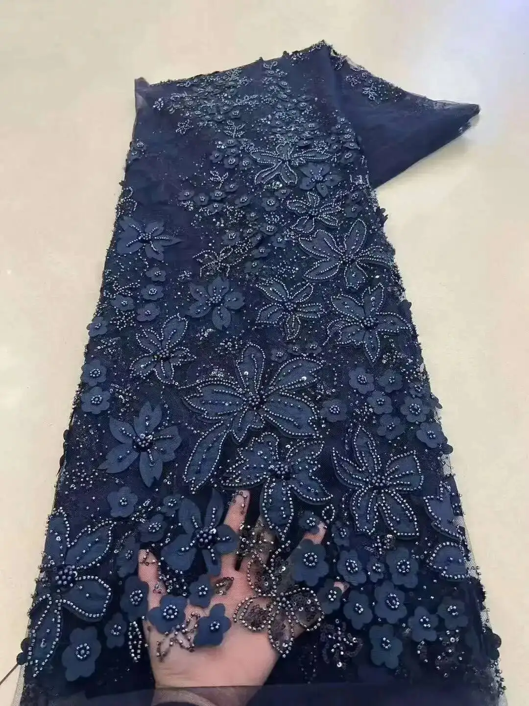 

African Lace Fabric Sequins Beaded Embroidery Groom Nigerian Bridal High Quality French Tulle Lace Fabric For Wedding Party