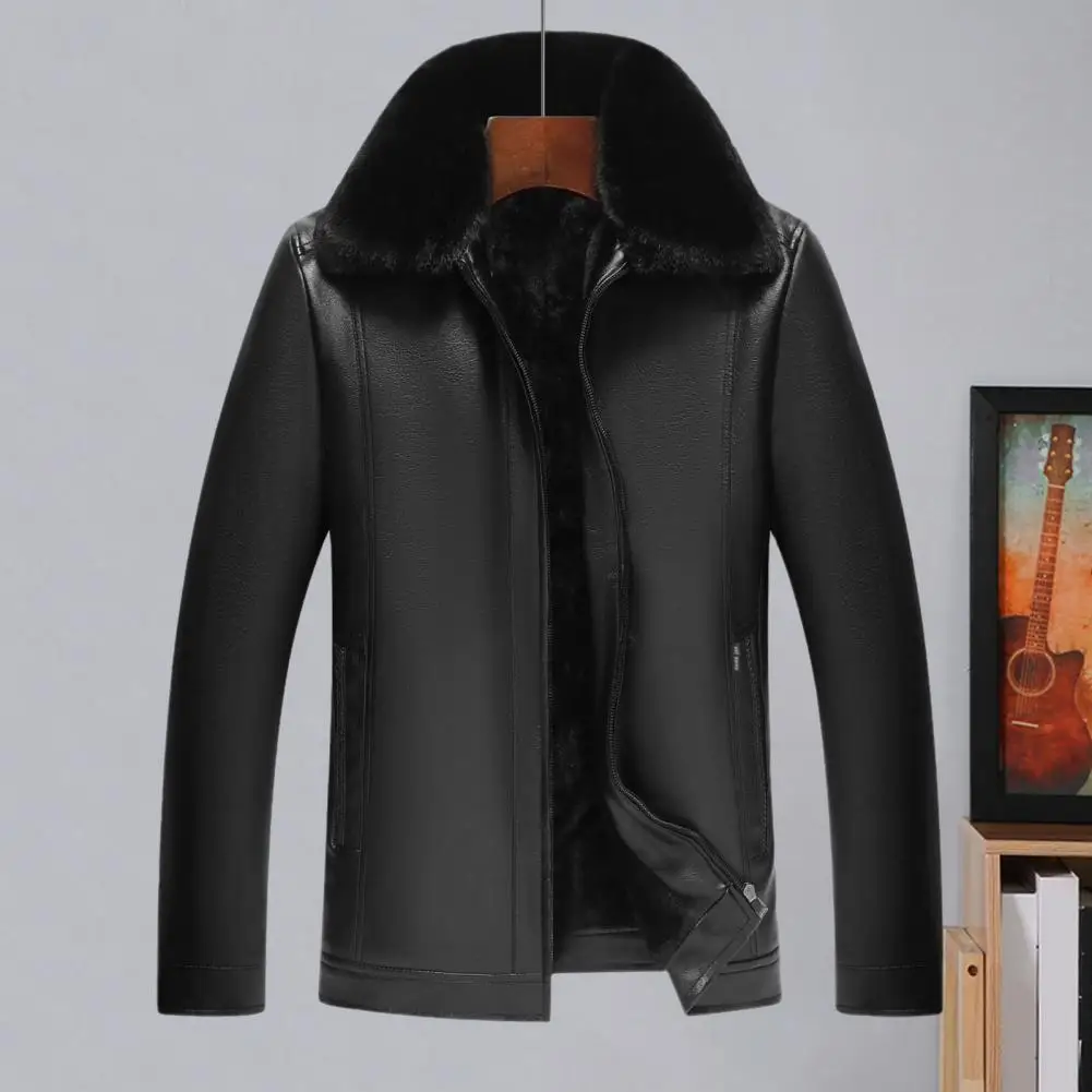 

Men Faux Leather Jacket Men's Faux Fur Lapel Leather Jacket With Velvet Lining Windproof Outwear Coat For Winter Stylish Zipper