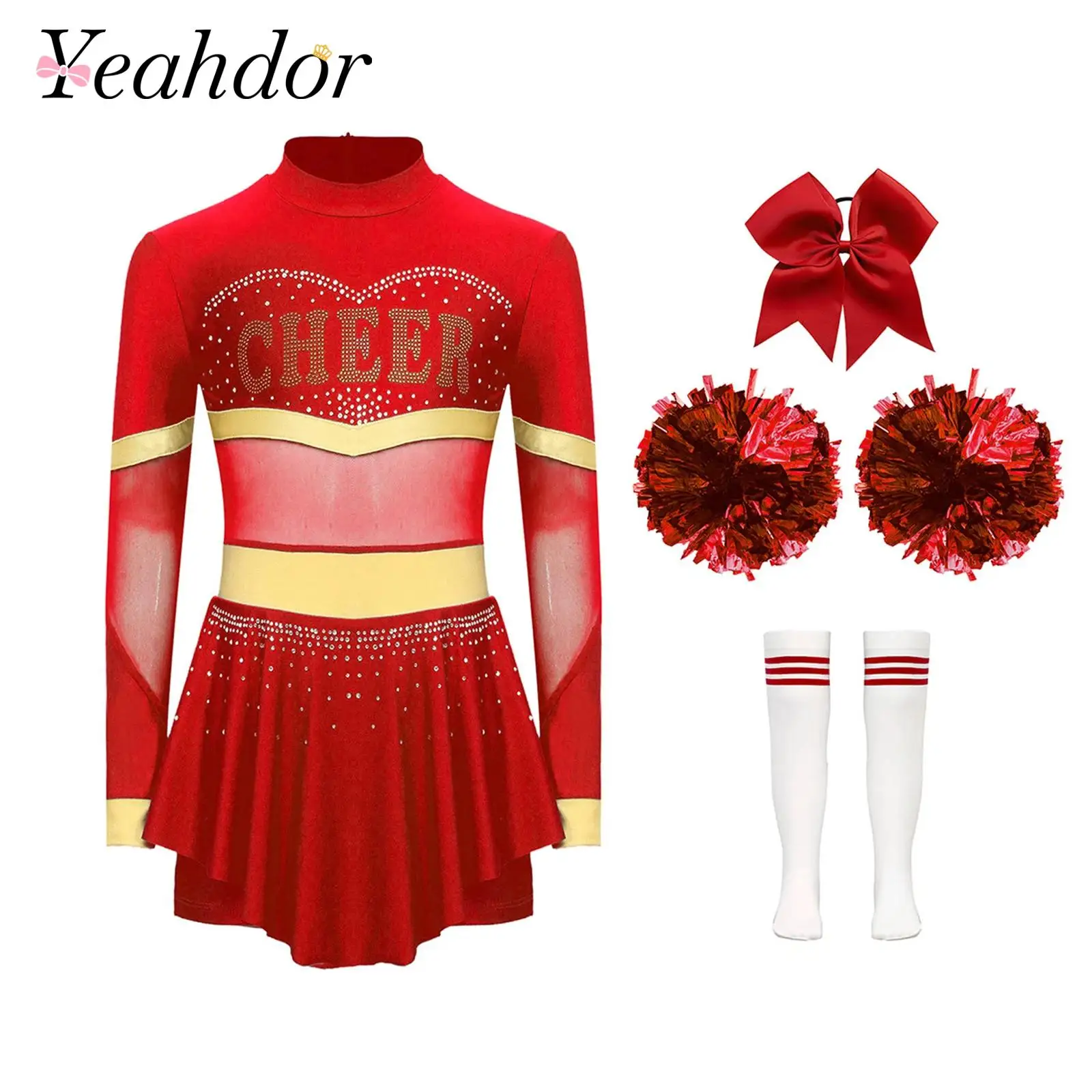 

Детская форма для чирлидинга с длинным рукавом, костюм для танцев, комплект для девочек-подростков, детская танцевальная одежда, набор с цветочным декором