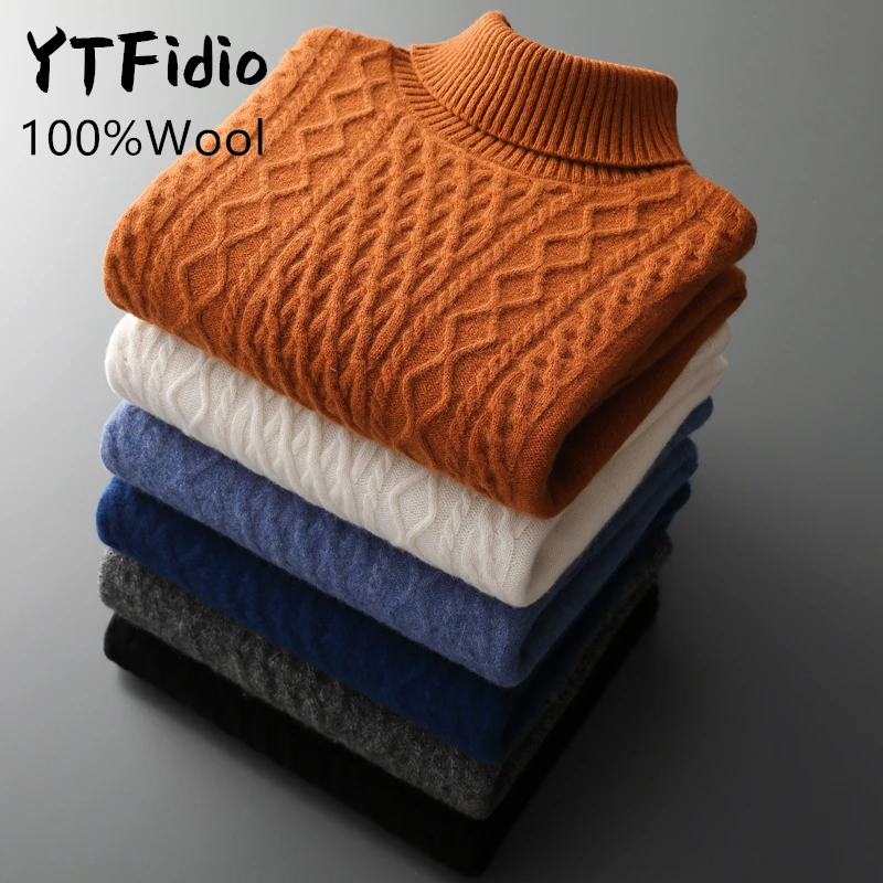 

YTFidio 100%Wool Man Sweater Turtleneck Casual Jumpers Warm Solid Jacquard Weave Thickening Knitwear Pullover Tops 135