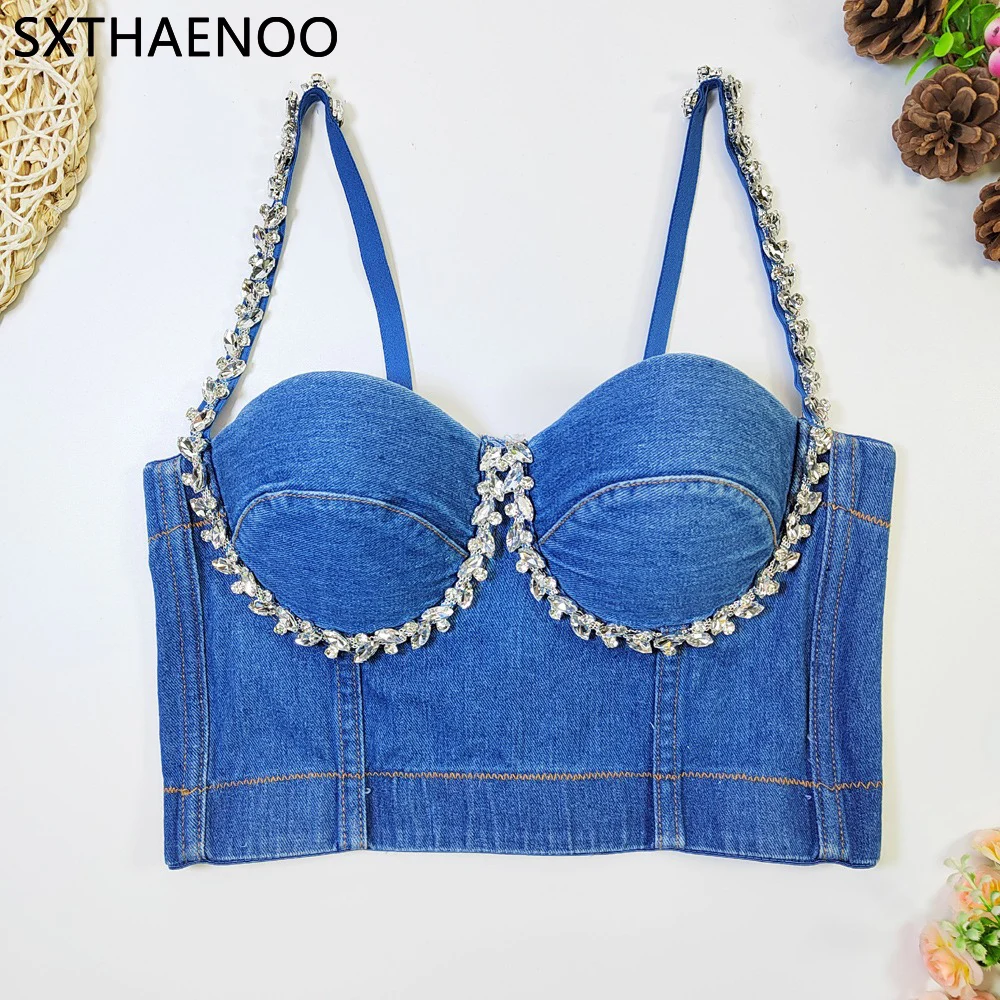 

SXTHAENOO Women Sexy Sleeveless Backless Denim Sling Tank Top Twinkle Diamond Patchwork Corset Crop Top New Mini Vest Party Club