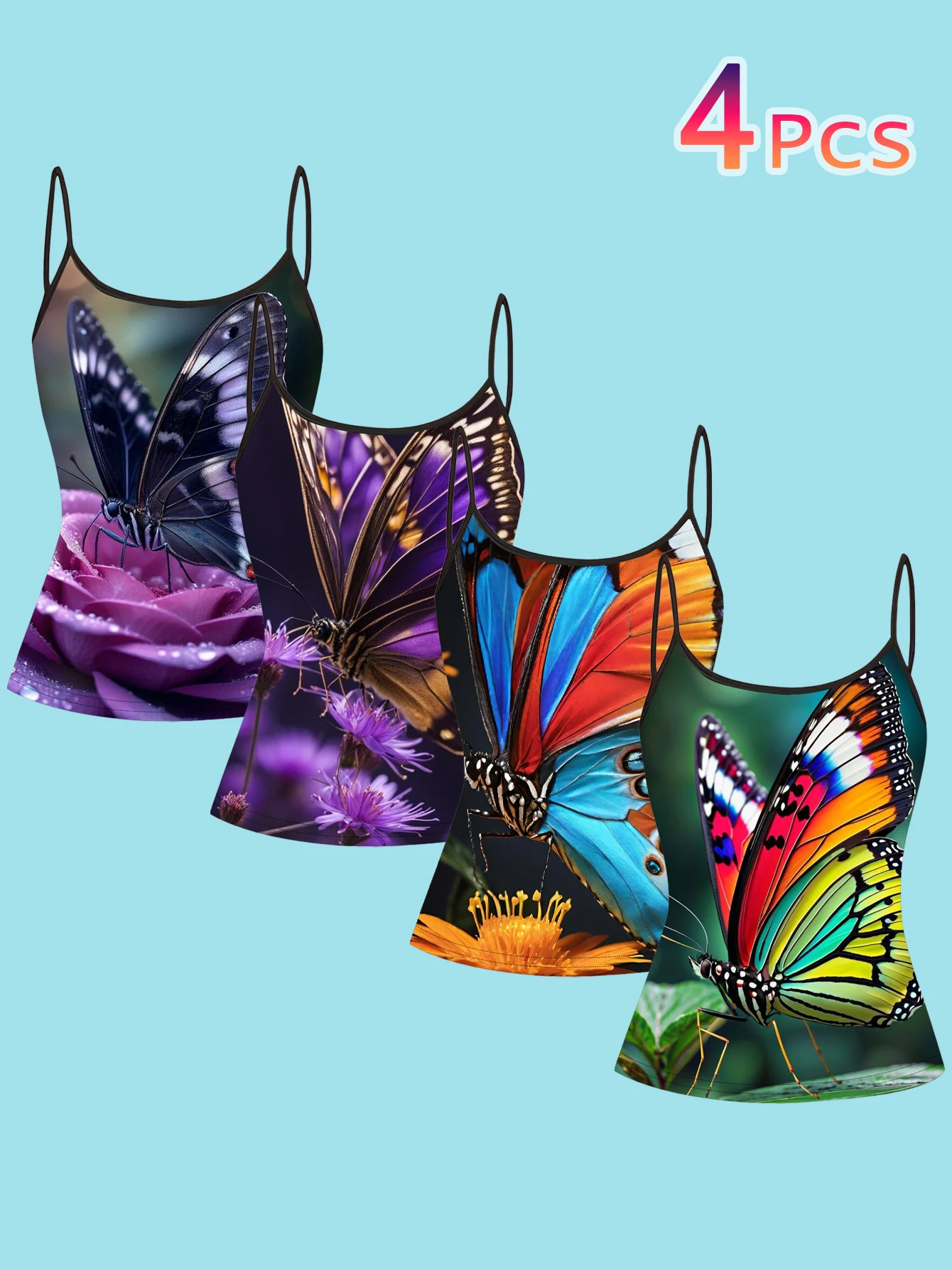 4-Piece Set of Women's Realistic Colorful Large Butterfly Floral Print Spaghetti Strap Camisole Slim-Fit Base Layer Tops