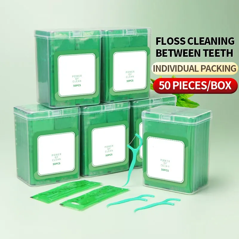 50pcs Mint Flavored Dental Floss Plastic Toothpicks-Single Independent Packaging-Disposable Dental Cleaning Tools-Oral Car