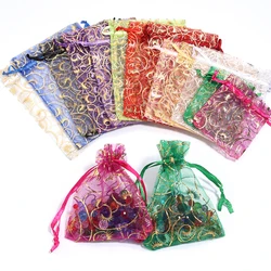 10Pcs/Lot Organza Gift Bag Ornament Packaging Drawstring Bag Golden Pattern For Christmas Decoration Halloween Candy Bag