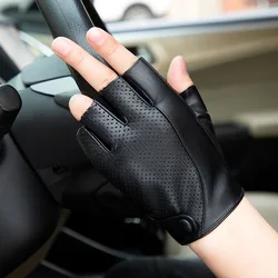 Genuine Leather Men Half Finger Driving Cycling Non-Slip Ventilation Fingerless Gym FitnessS heepskin Outdoor Sports Gloves