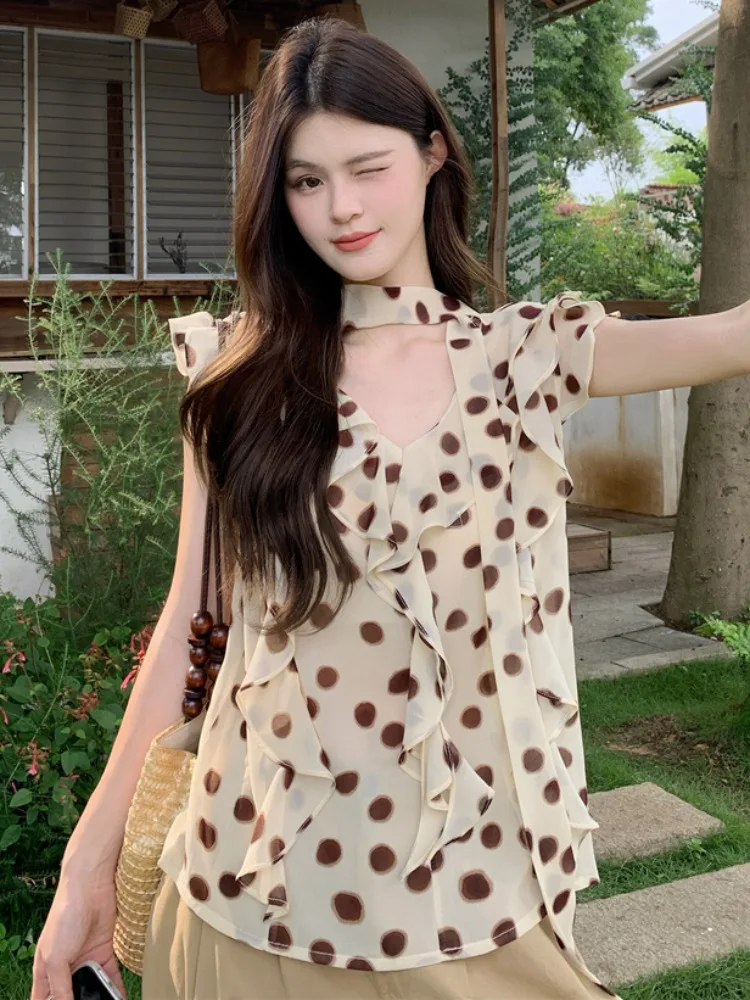 

Korean Style Unique Polka Dot Ruffle Sleeve Chiffon Top Summer New Design Fashionable Tie Waist City Walk Friendly Breathable