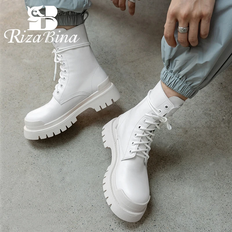 RIZABINA 2023 New Ankle Boots For Women Fashion Real Leather Heels Shoes Woman Winter Warm Boots Office Lady Footwear Size 34-39